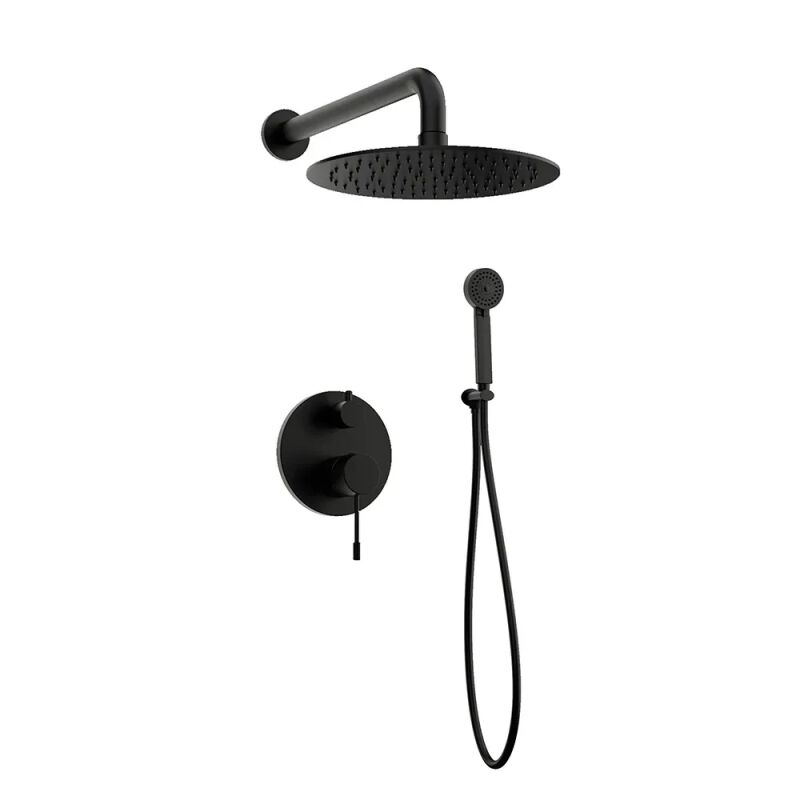 Orabella Terra Black matt - Showerset εντοιχισμου με Μπαταρία λουτρού, εντοιχισμού 2 σημείων, κεφαλή με βραχίονα και Τηλέφωνο ντουζ με σπιράλ και επιτοίχειο στήριγμα