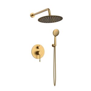 Orabella Terra Brushed gold - Showerset εντοιχισμου με Μπαταρία λουτρού, εντοιχισμού 2 σημείων, κεφαλή με βραχίονα και Τηλέφωνο ντουζ με σπιράλ και επιτοίχειο στήριγμα