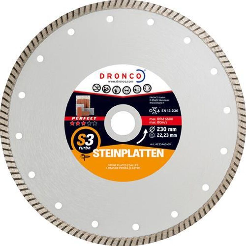 Διαμαντόδισκος PERFECT S3 TURBO κοπής για τσιμεντόπλακα φυσική πέτρα και τούβλο Νο230x28x2223mm DRONCO