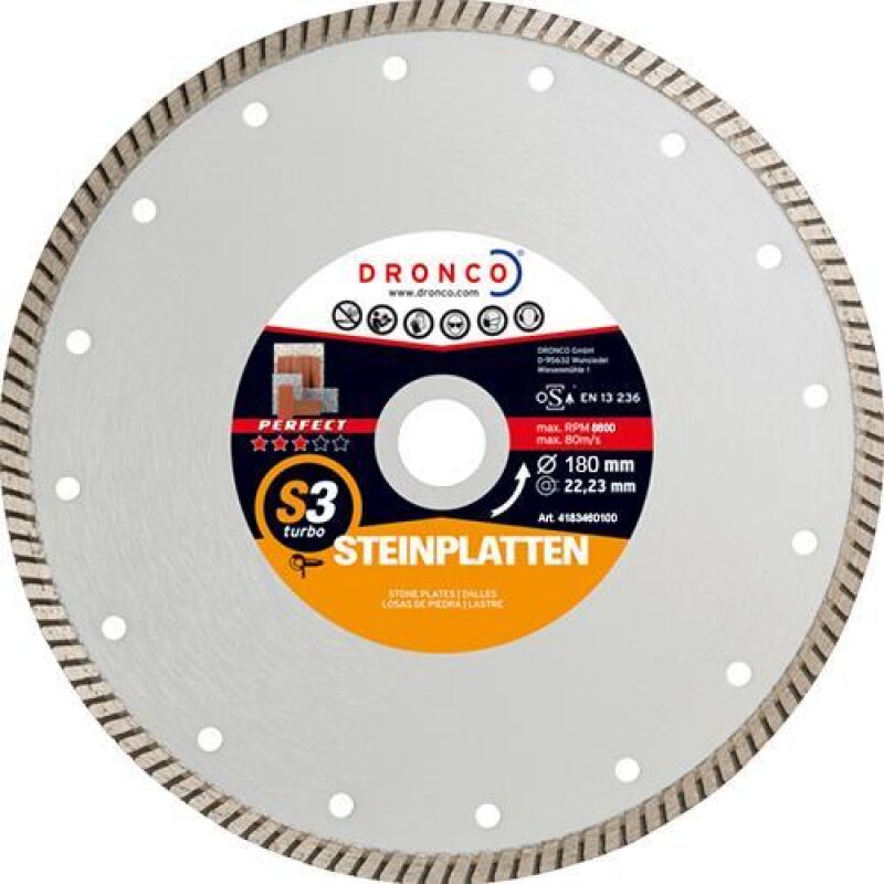 Διαμαντόδισκος PERFECT S3 TURBO κοπής για τσιμεντόπλακα φυσική πέτρα και τούβλο Νο180x26x2223mm DRONCO
