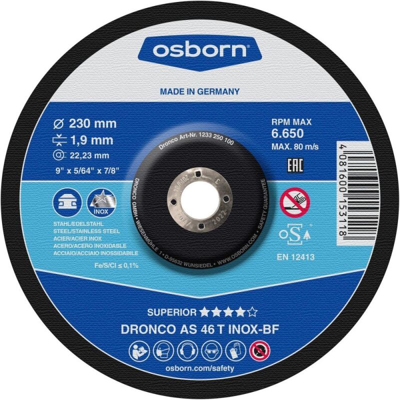Δίσκος κοπής για inox 25τεμ. με κούρμπα SUPERIOR AS46T No180x16x2223mm DRONCO