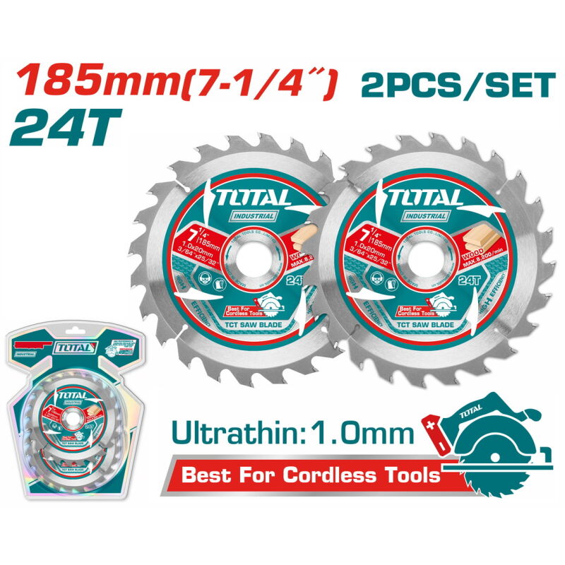 TOTAL ΕΠΑΓΓ ΣΕΤ ΔΙΣΚΟΙ ΚΟΠΗΣ ΞΥΛΟΥ Φ185Χ20mm 24Τ 2TEM ΓΙΑ TS11418526/TS1161856/TSLI1851 (TAC2331853)
